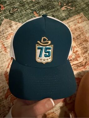 Hooey Teal and White Trucker Hat with Gold & Teal 75 Patch